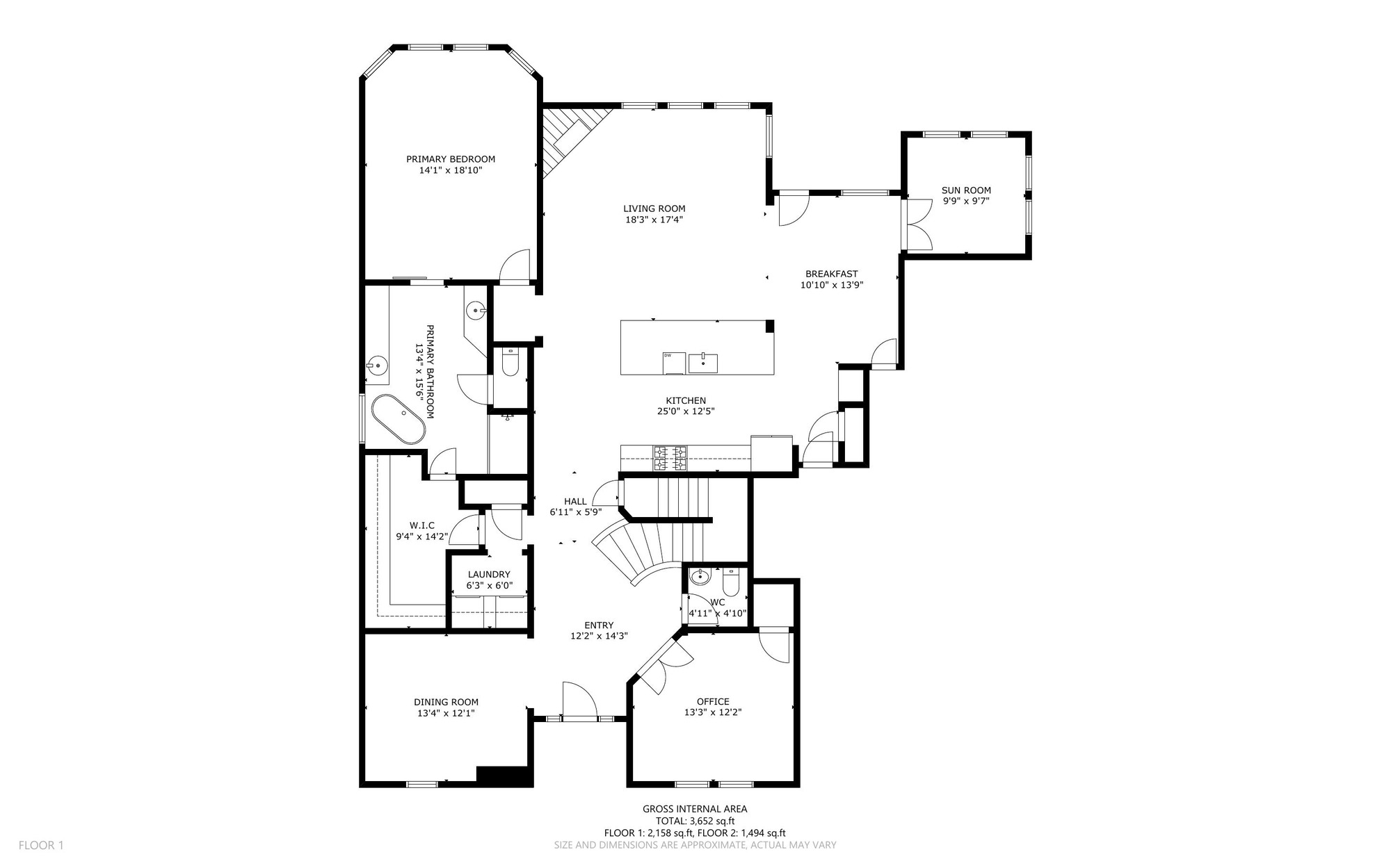 Measured floor plan of the first floor: primary bedroom and bath, living room, kitchen, breakfast room, sunroom, dining room, office, entry and laundry.