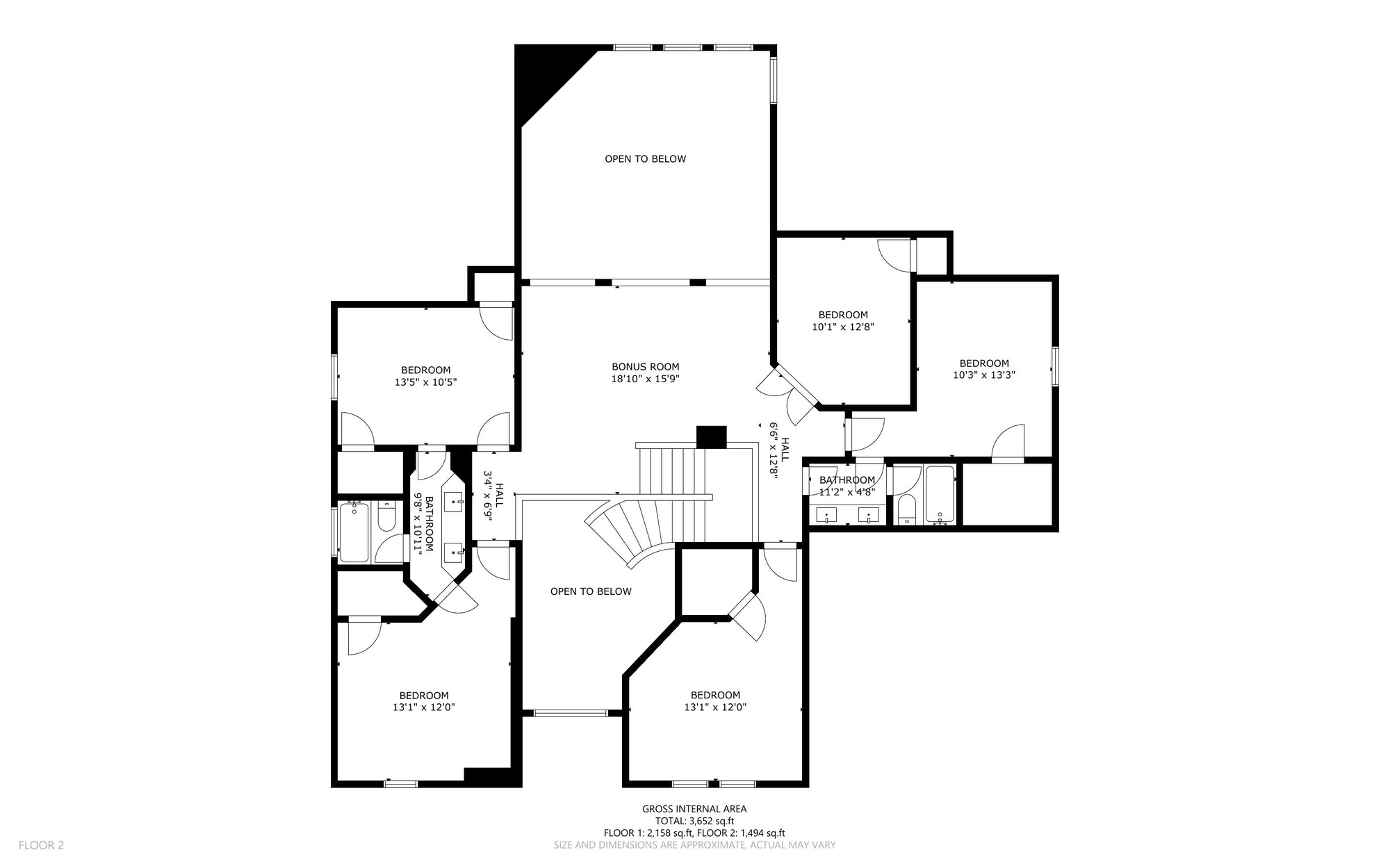Measured floor plan of the second floor: bonus room open to the living area below, a windowless media room, four bedrooms and two full bathrooms.